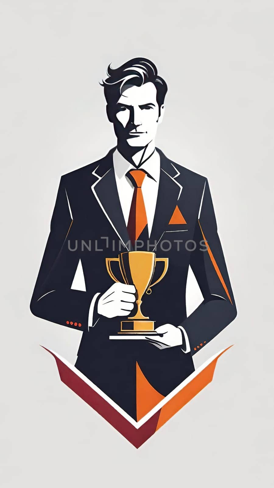 Silhouette of a businessman holding a trophy on a pedestal.Businessman holding a trophy on background. Vector illustration.Businessman on the podium with a trophy .