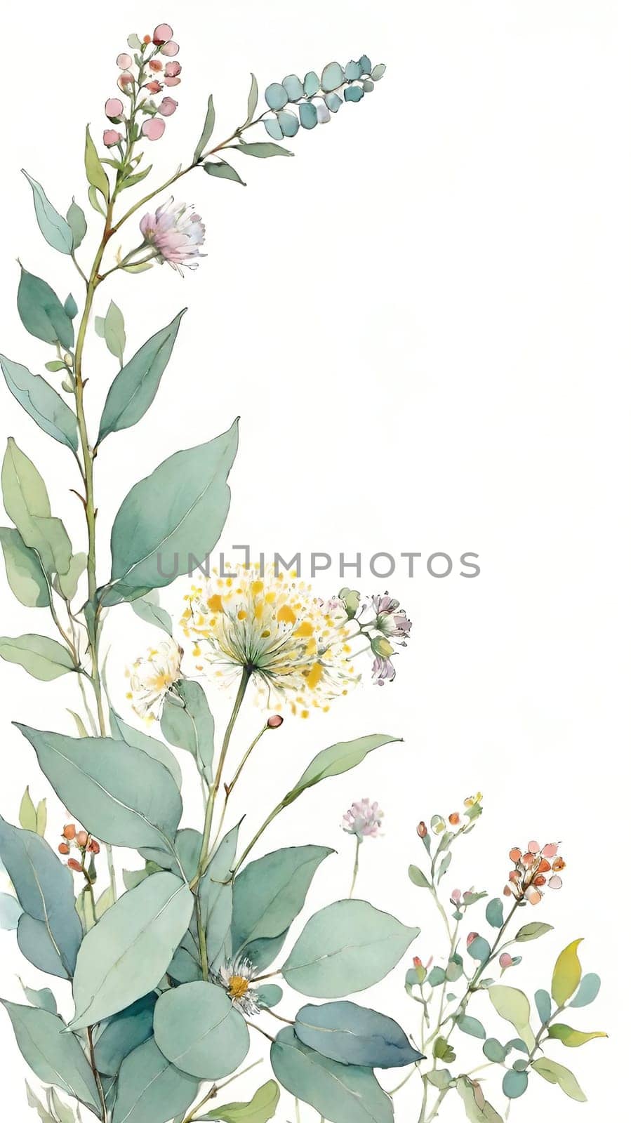 Watercolor illustration of wildflowers and eucalyptus branches. by yilmazsavaskandag