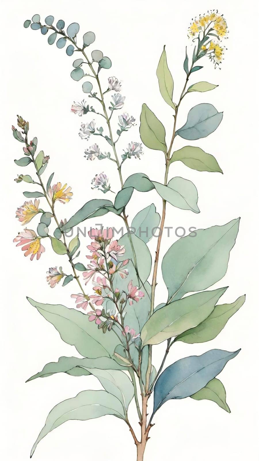 Watercolor illustration of wildflowers and eucalyptus branches.Eucalyptus branch with flowers and leaves. Watercolor floral background with flowers and leaves. Computer drawn illustration.