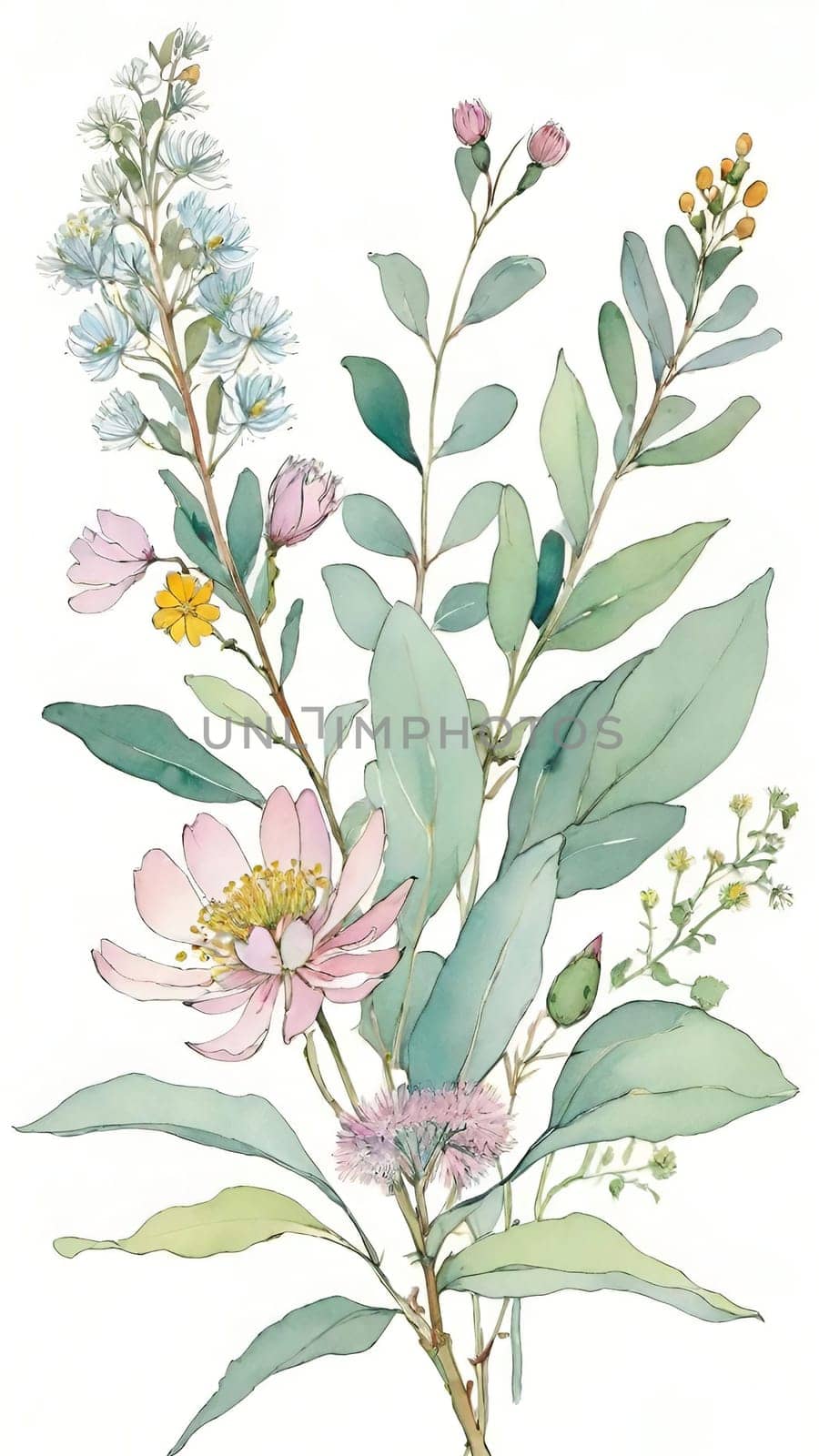 Watercolor illustration of wildflowers and eucalyptus branches.Eucalyptus branch with flowers and leaves. Watercolor floral background with flowers and leaves. Computer drawn illustration.