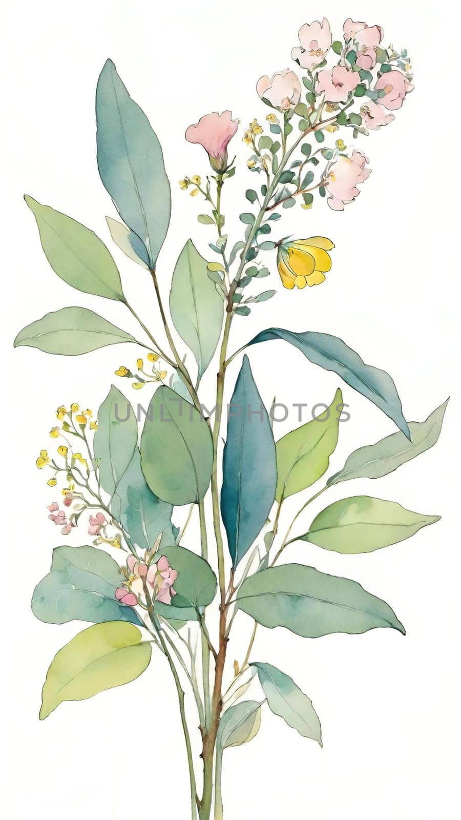 Watercolor illustration of wildflowers and eucalyptus branches.Eucalyptus branch with flowers and leaves. Watercolor floral background with flowers and leaves. Computer drawn illustration.