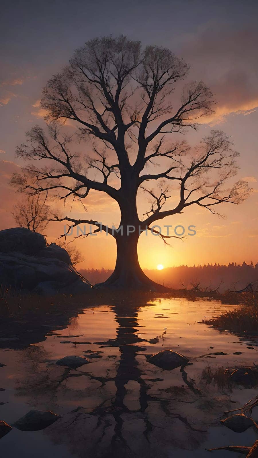 Beautiful tree in the forest at sunset, 3d rendering. Computer digital drawing.Foggy landscape with old oak tree at sunrise in the forest.Beautiful oak tree in the fog at sunset. Nature composition.