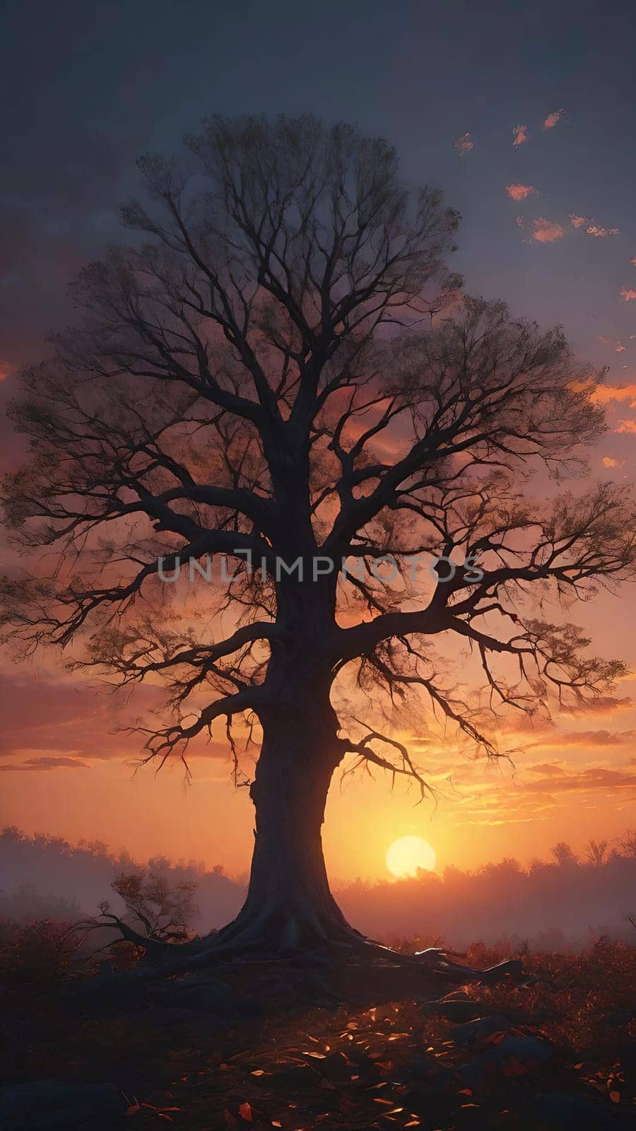 Beautiful tree in the forest at sunset, 3d rendering. Computer digital drawing.Foggy landscape with old oak tree at sunrise in the forest.Beautiful oak tree in the fog at sunset. Nature composition.