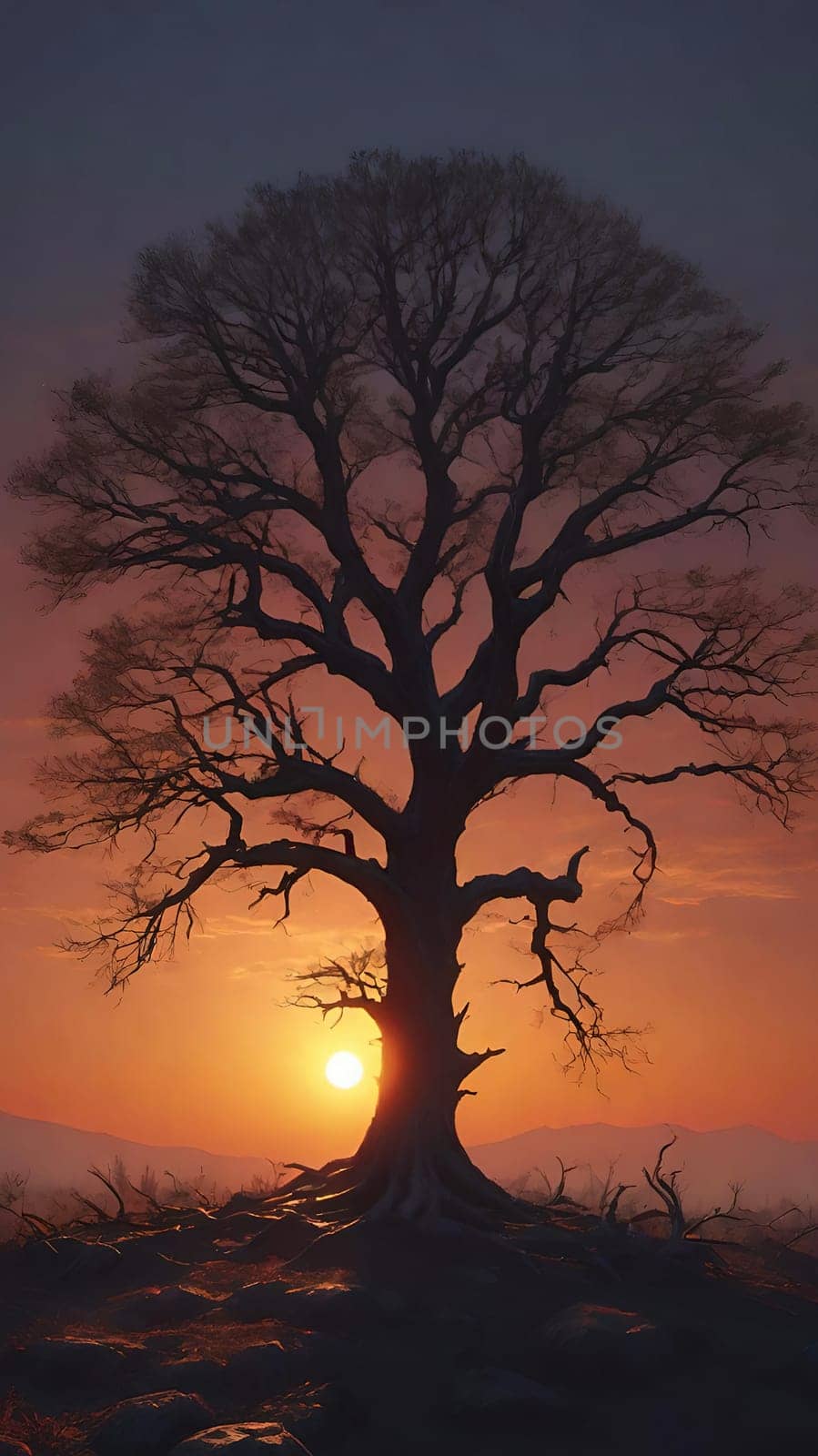 Beautiful tree in the forest at sunset, 3d rendering. Computer digital drawing.Foggy landscape with old oak tree at sunrise in the forest.Beautiful oak tree in the fog at sunset. Nature composition.