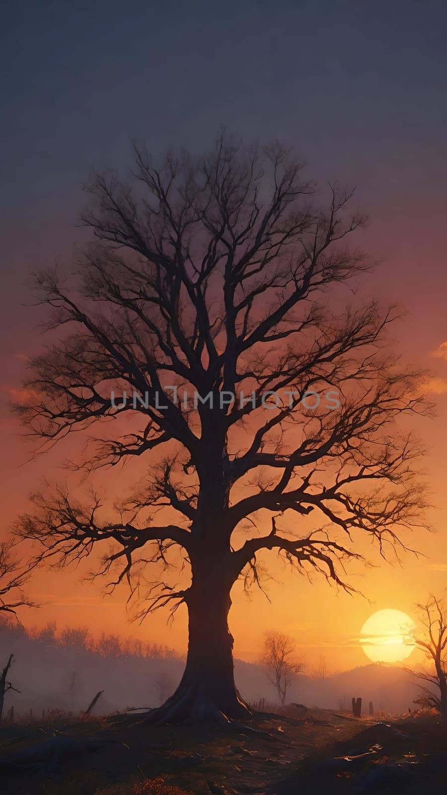 Beautiful tree in the forest at sunset, 3d rendering. Computer digital drawing.Foggy landscape with old oak tree at sunrise in the forest.Beautiful oak tree in the fog at sunset. Nature composition.