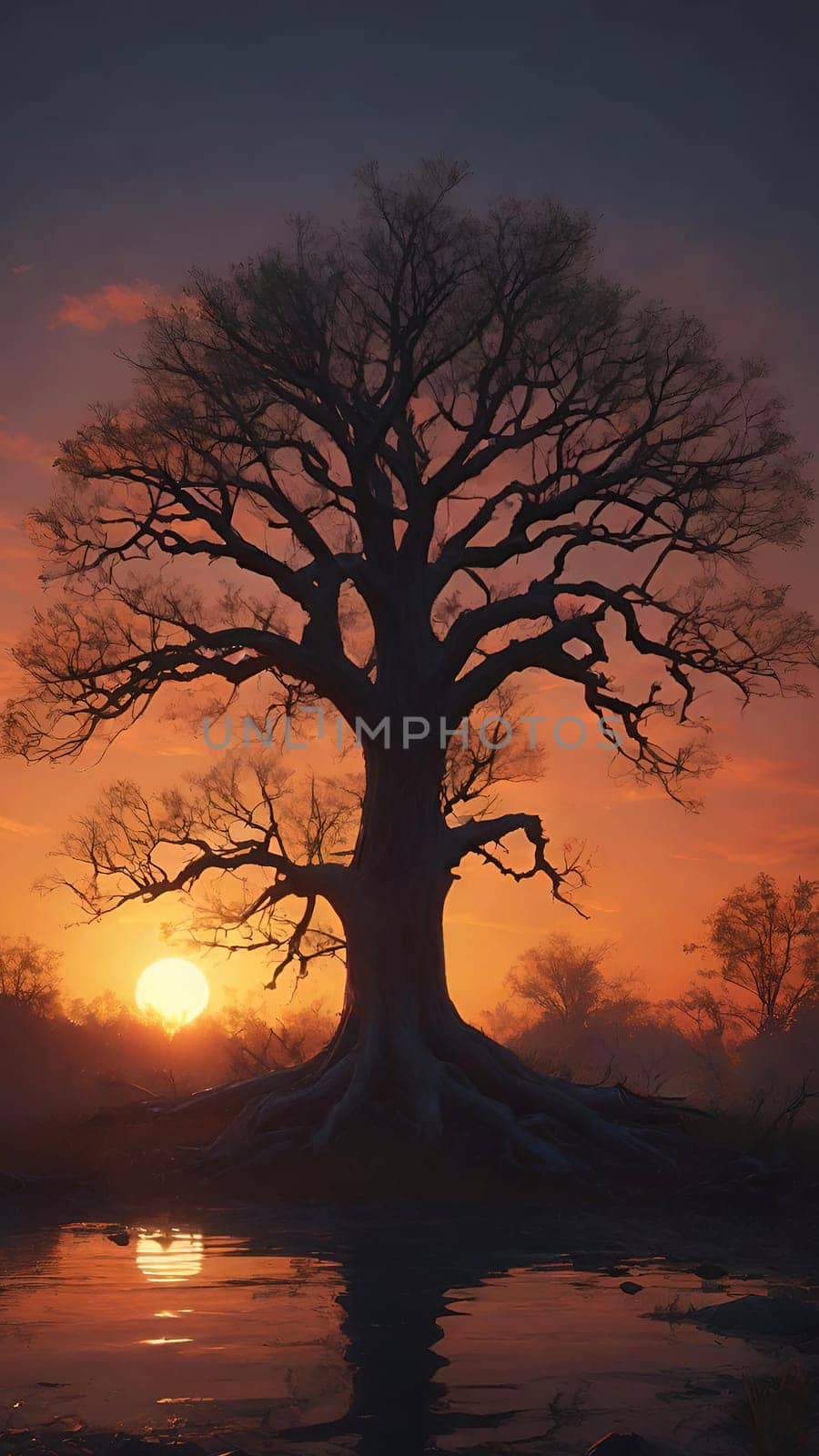 Beautiful tree in the forest at sunset, 3d rendering. Computer digital drawing.Foggy landscape with old oak tree at sunrise in the forest.Beautiful oak tree in the fog at sunset. Nature composition.