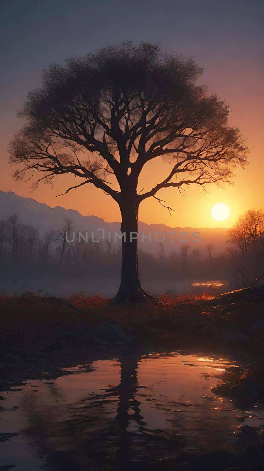 Beautiful tree in the forest at sunset, 3d rendering. Computer digital drawing.Foggy landscape with old oak tree at sunrise in the forest.Beautiful oak tree in the fog at sunset. Nature composition.