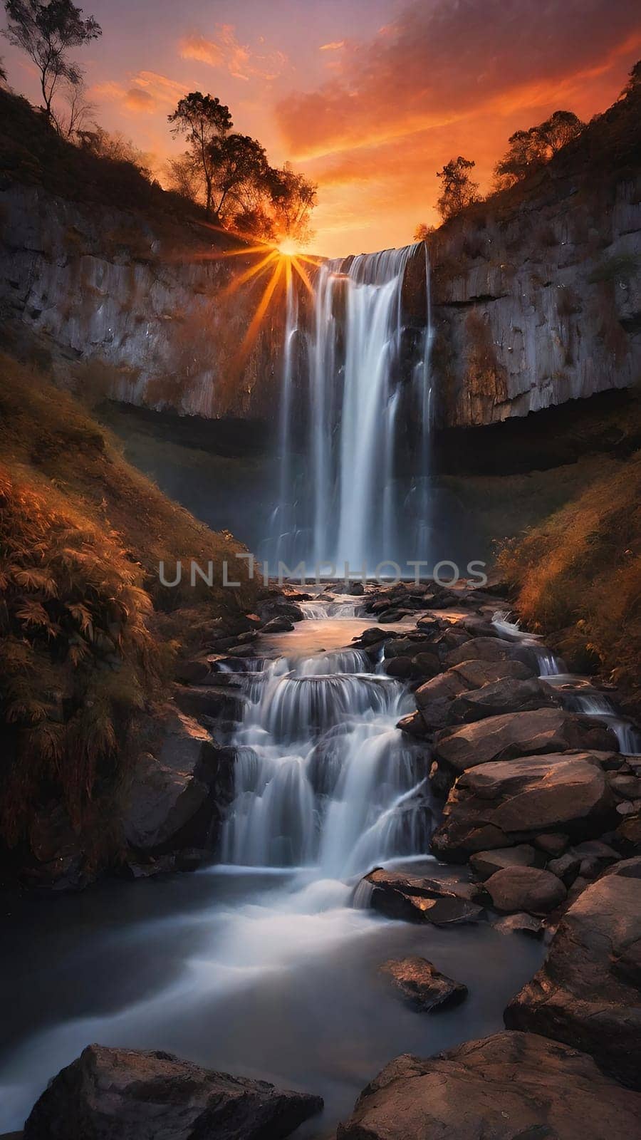 Waterfall at sunset in the mountains. Beautiful natural landscape with beautiful waterfall.Waterfall in the mountains at sunset. Long exposure. Beautiful landscape.