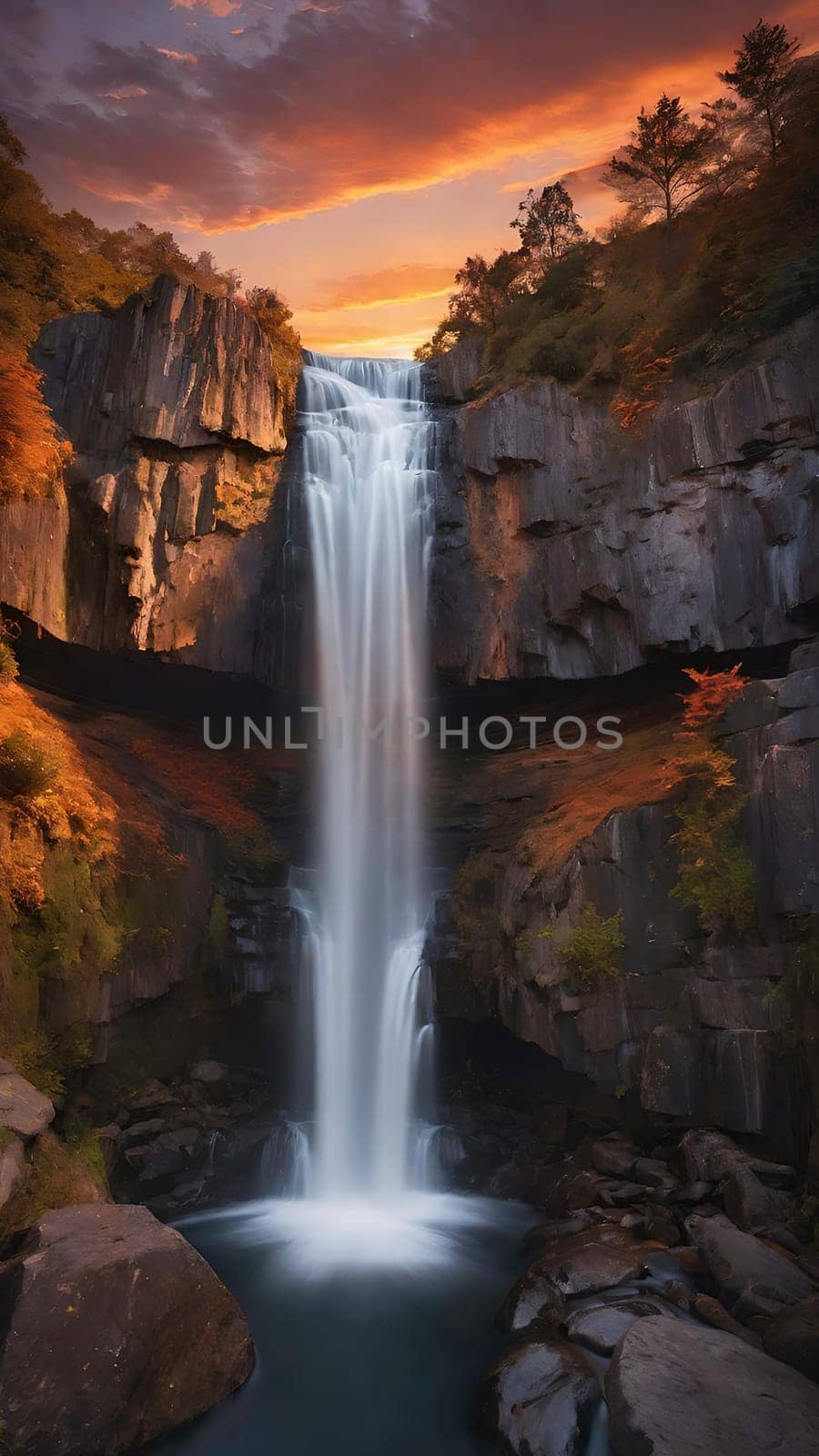 Waterfall at sunset in the mountains. Beautiful natural landscape with beautiful waterfall.Waterfall in the mountains at sunset. Long exposure. Beautiful landscape.