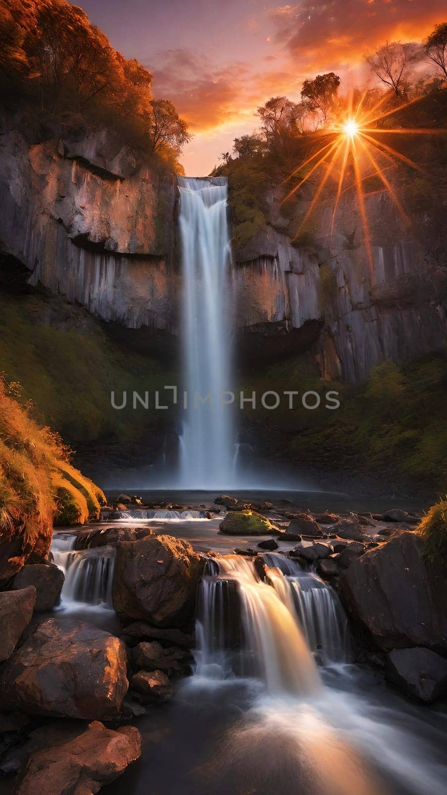 Waterfall at sunset in the mountains. Beautiful natural landscape with beautiful waterfall.Waterfall in the mountains at sunset. Long exposure. Beautiful landscape.