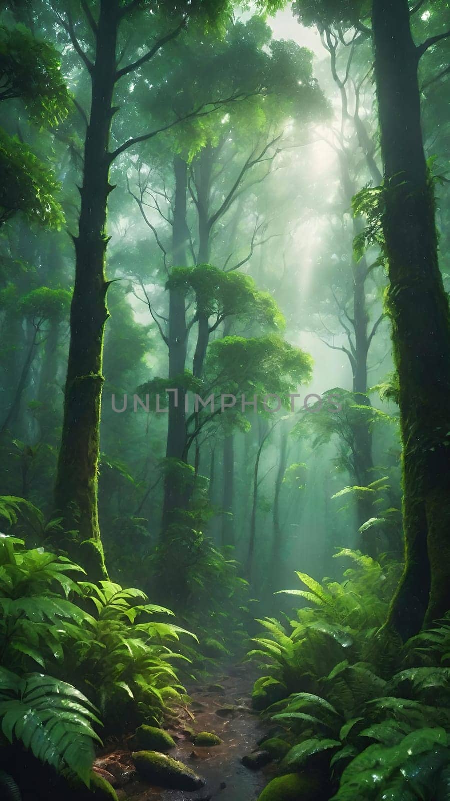 rainforest and tropical climate landscape with rain effect