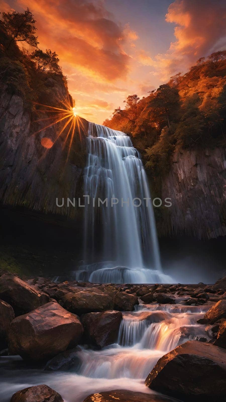 Waterfall at sunset in the mountains. Beautiful natural landscape with beautiful waterfall.Waterfall in the mountains at sunset. Long exposure. Beautiful landscape.