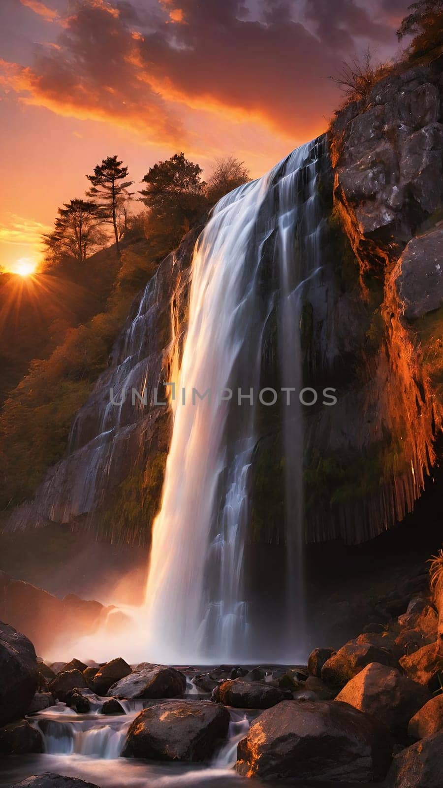 Waterfall at sunset in the mountains. by yilmazsavaskandag