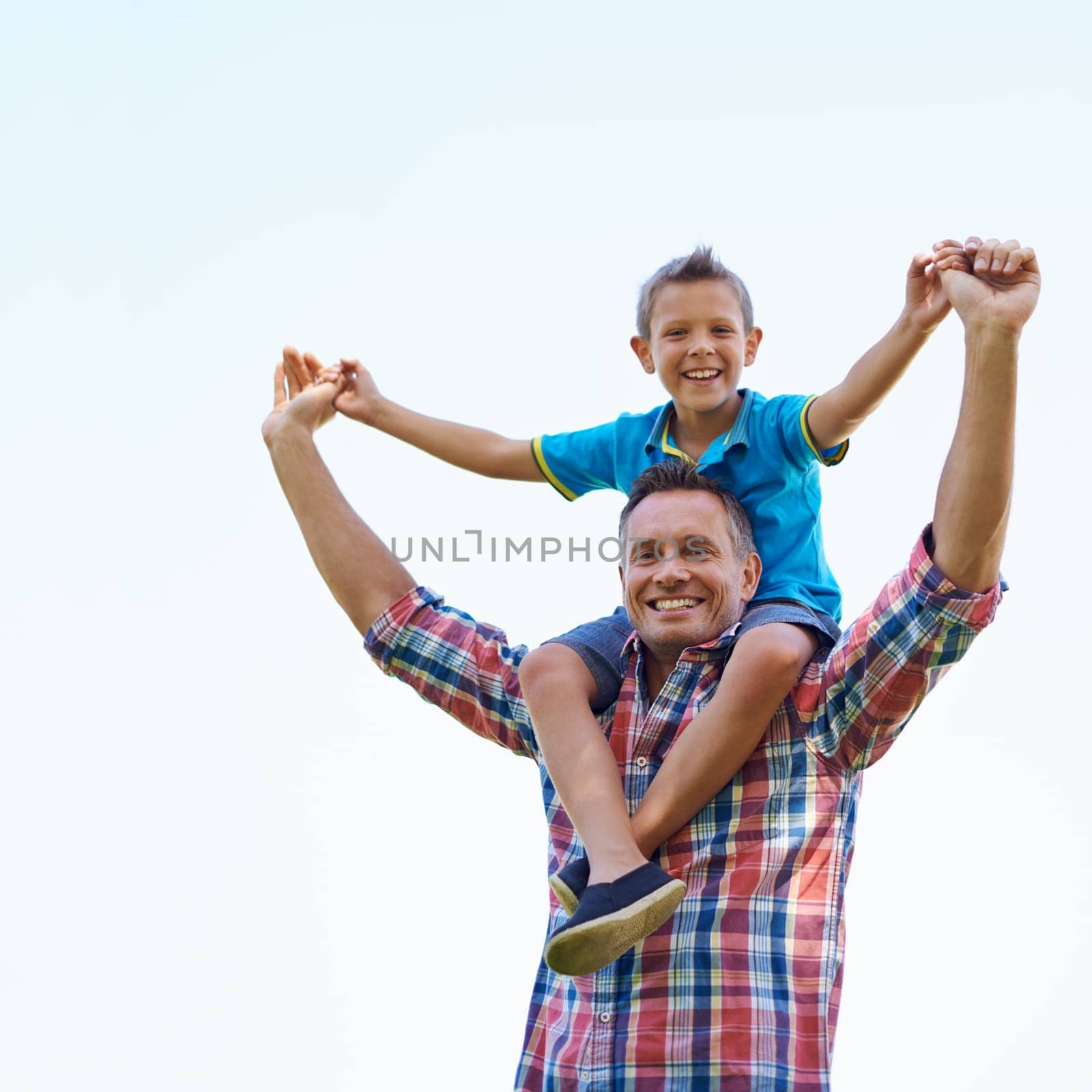 Child, back and man in outdoors for family, bond and play for fun and childhood for break and relax. Boy, father and portrait with smile and happy for recreation and cute in summer on mockup.