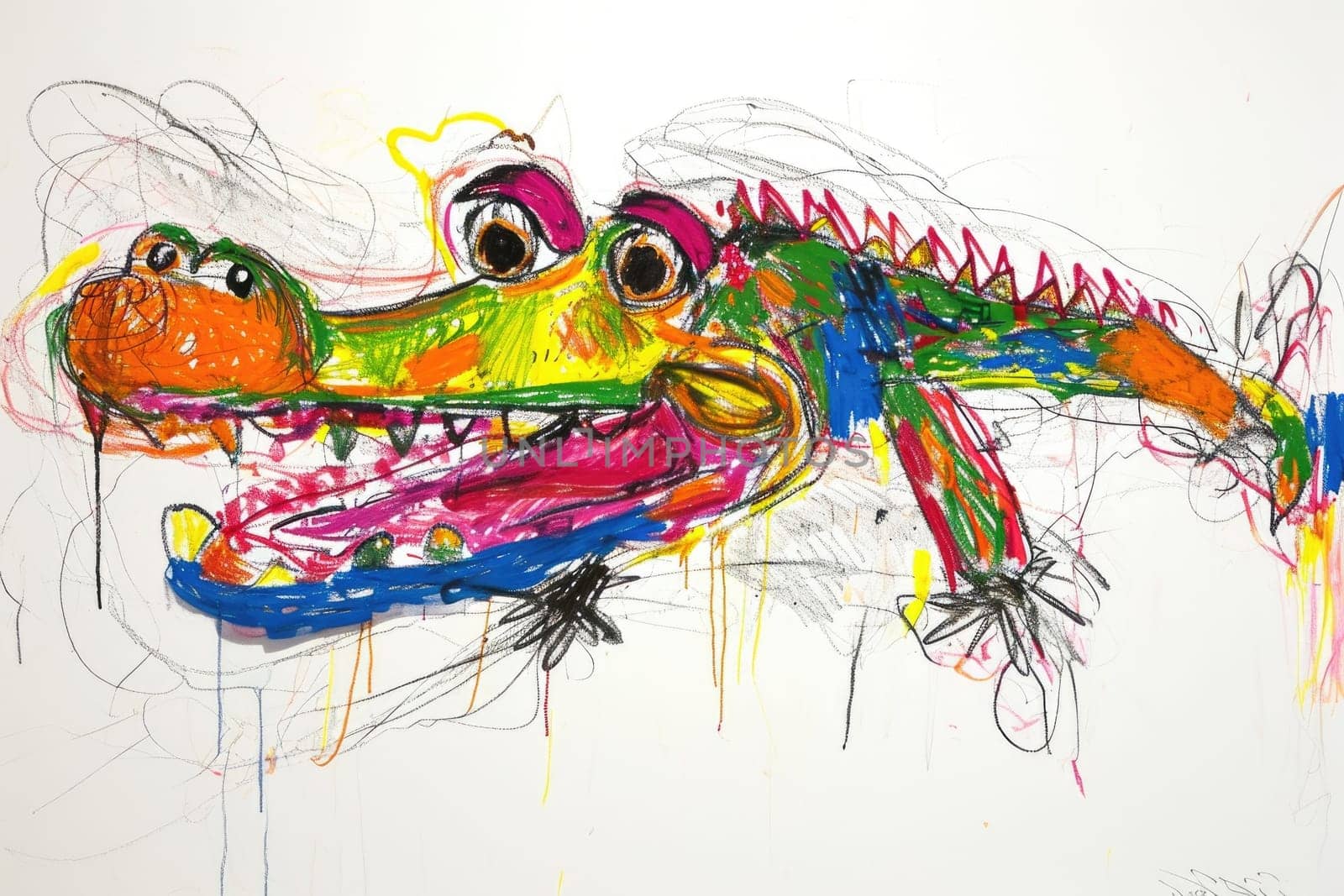 The hand drawing colourful picture of the single alligator or the crocodile that has been drawn by the colored pencil or the crayon on the white background that seem to be drawn by the child. AIGX01.