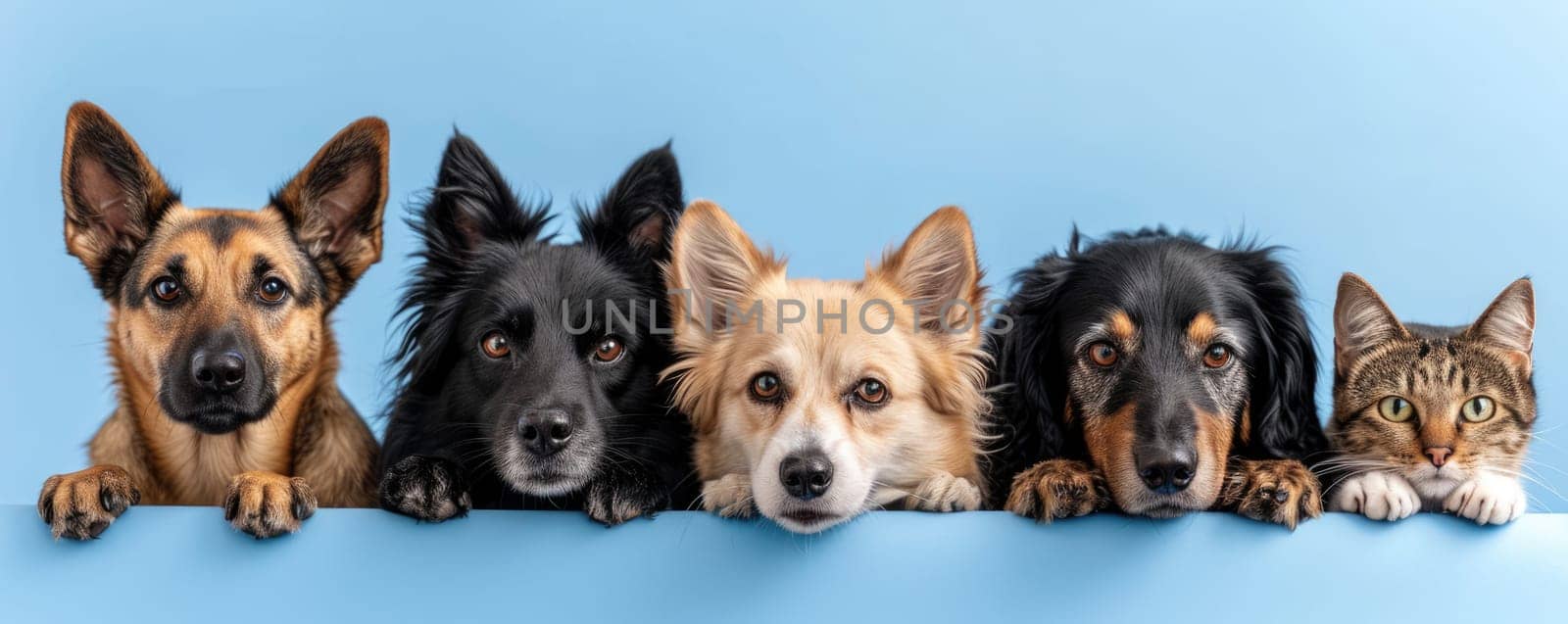 The picture of front view and close up of the multiple group of the various cat and dog in front of the bright blue background that look back to the camera with the curious and interest face. AIGX03.