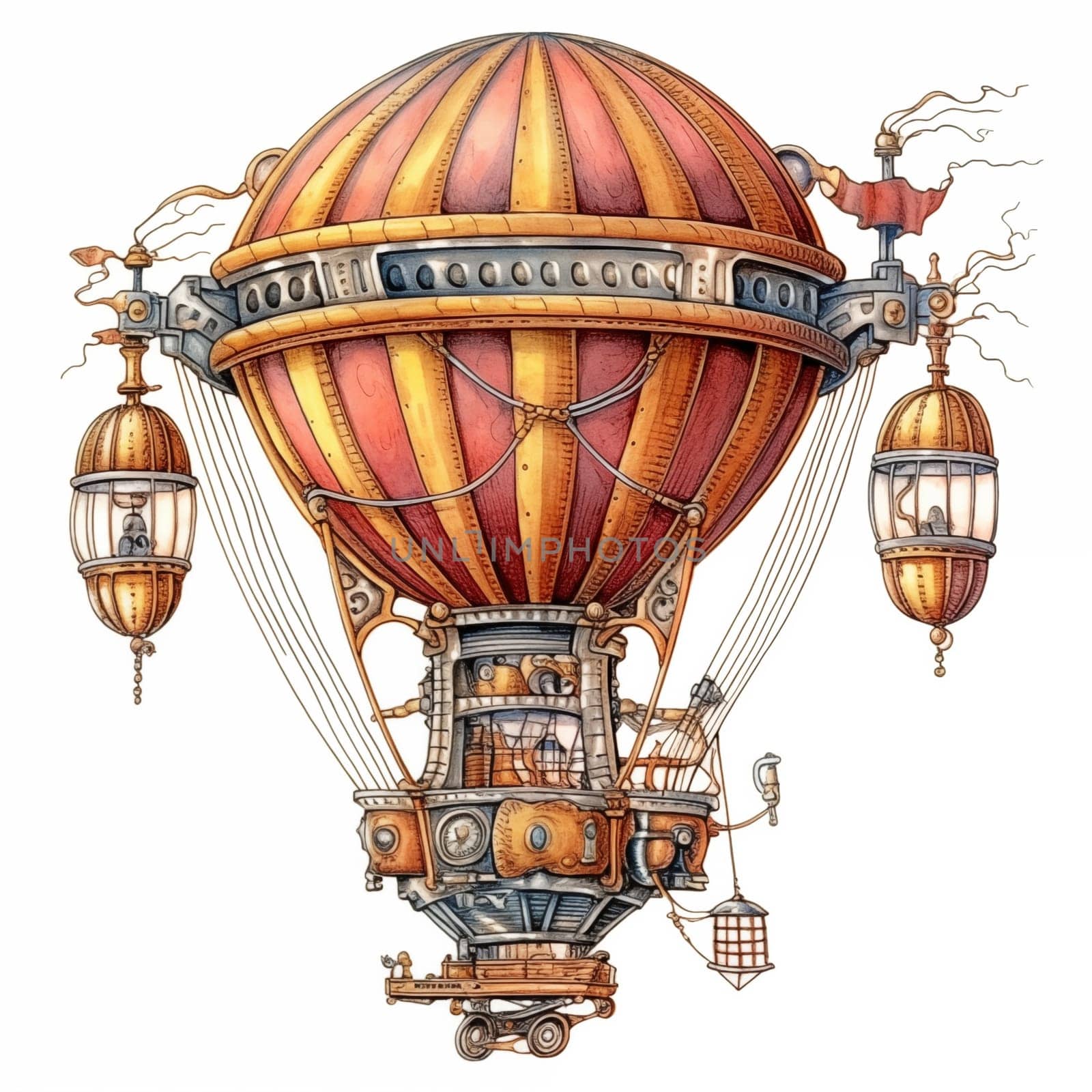 Airship Steampunk Retro. Air Balloon Illustration on White Background.