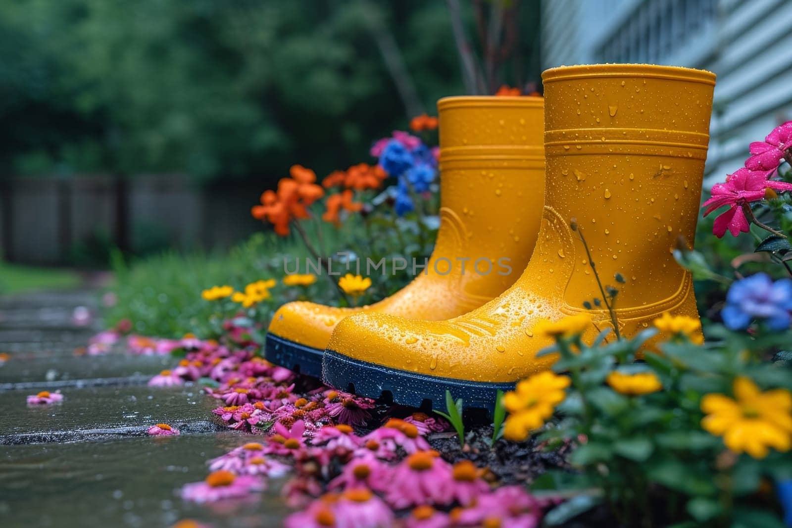 Yellow boots are standing in the summer garden after the rain.