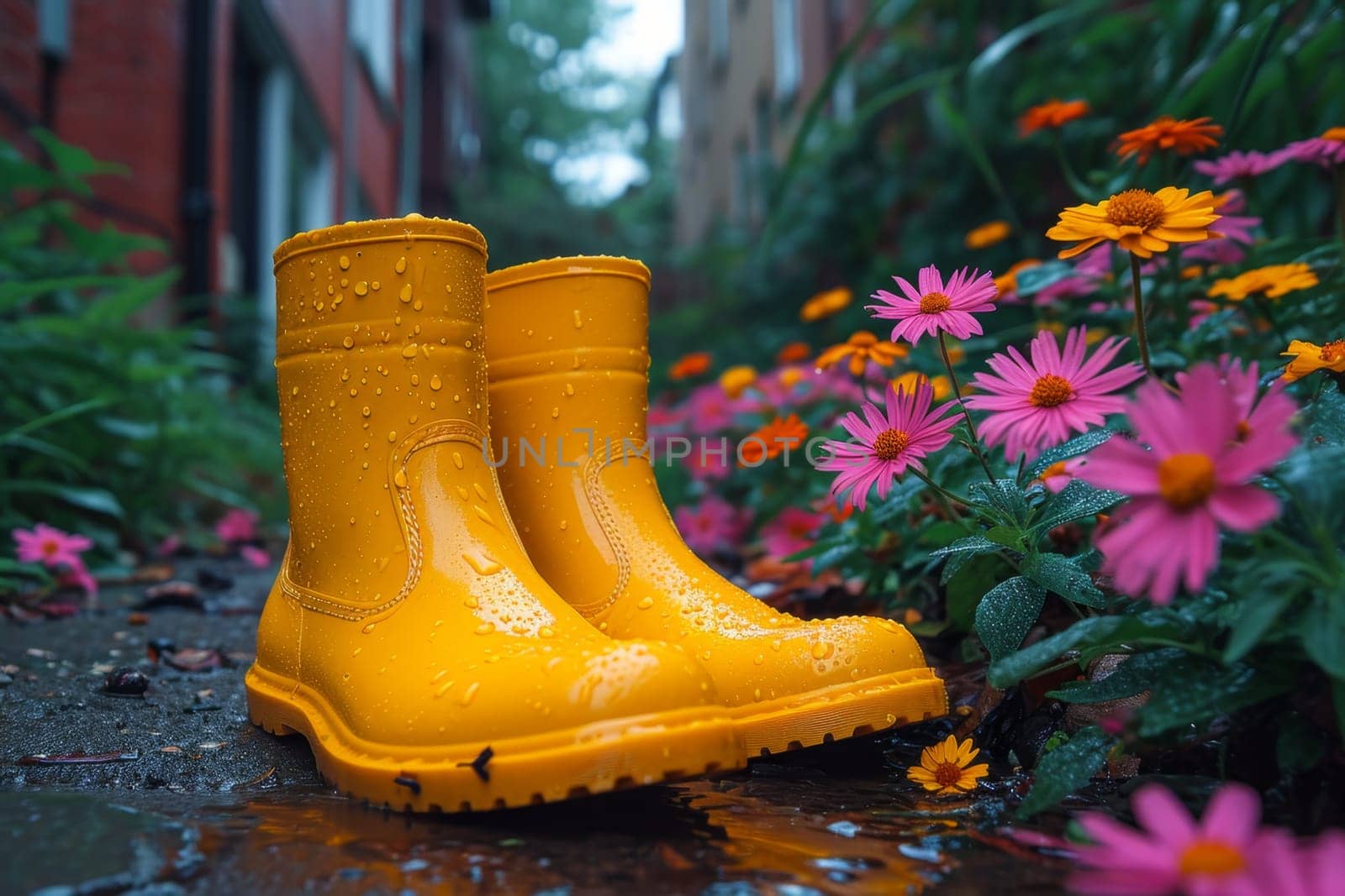 Yellow boots are standing in the summer garden after the rain by Lobachad