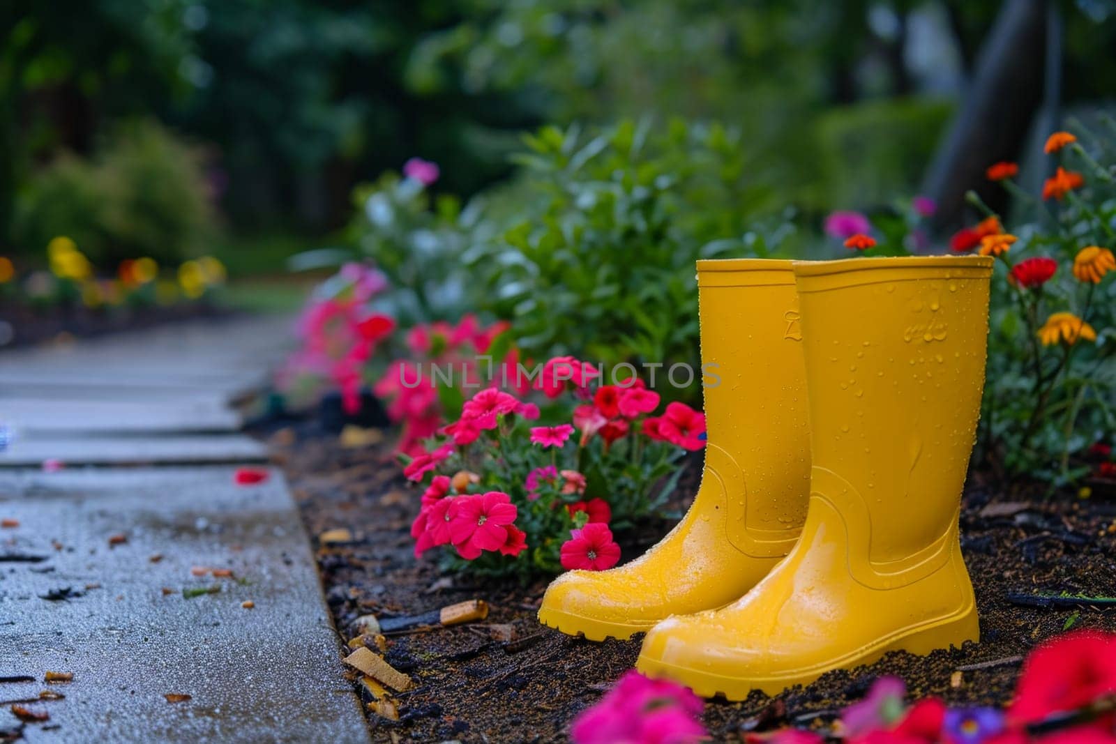 Yellow boots are standing in the summer garden after the rain.