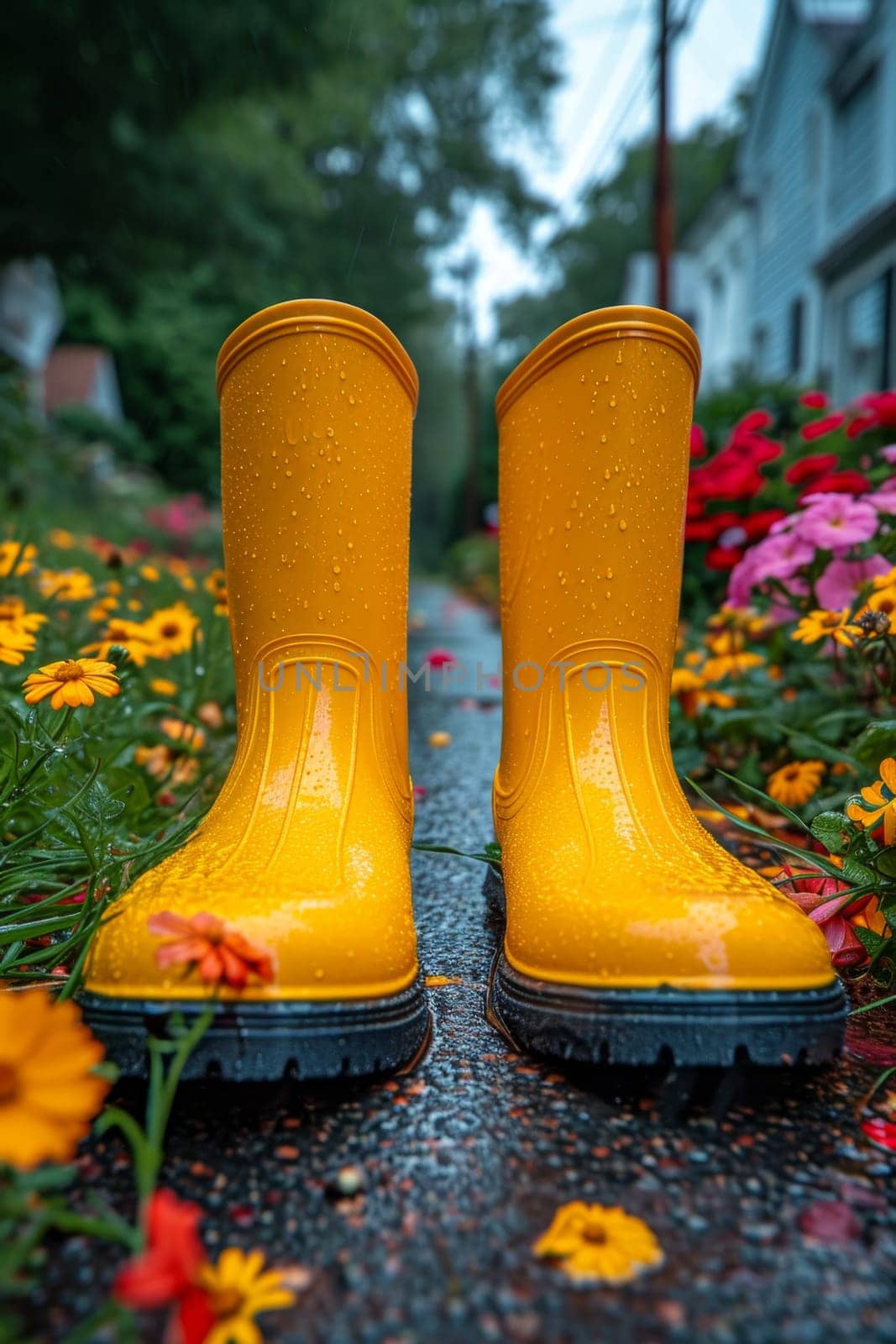 Yellow boots are standing in the summer garden after the rain.