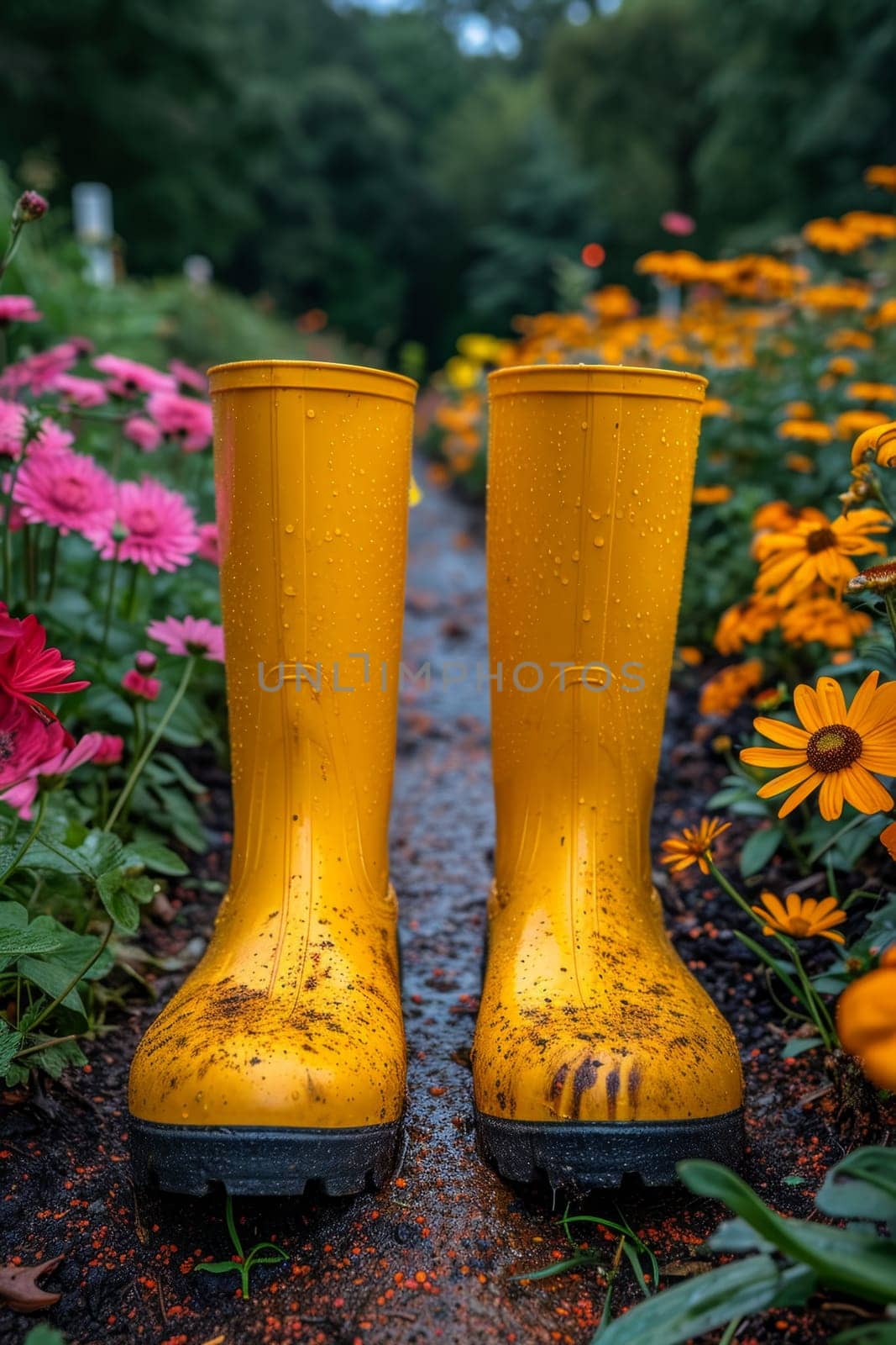 Yellow boots are standing in the summer garden after the rain by Lobachad