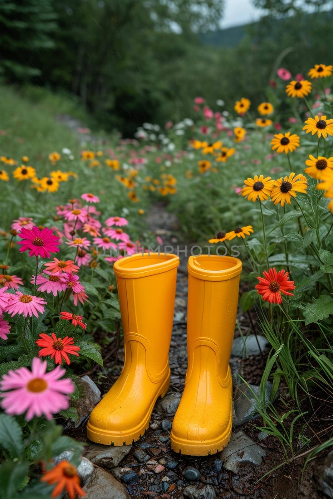 Yellow boots are standing in the summer garden after the rain.