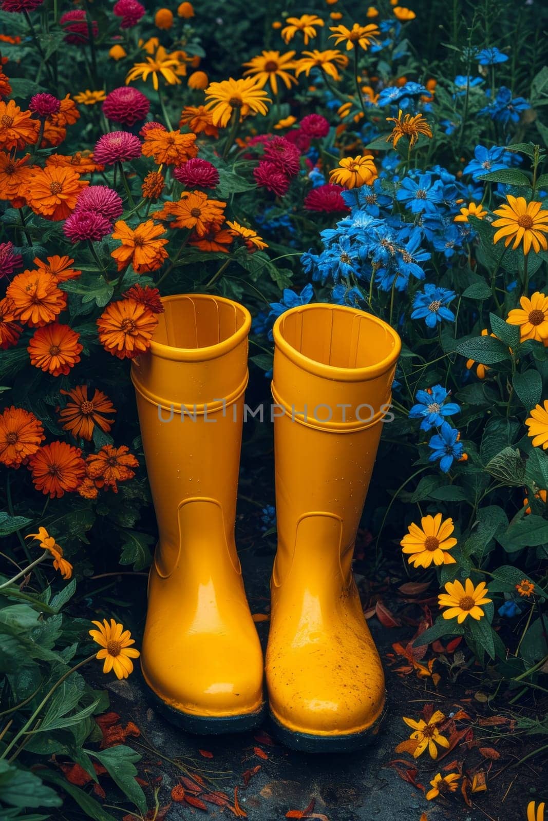 Yellow boots are standing in the summer garden after the rain.