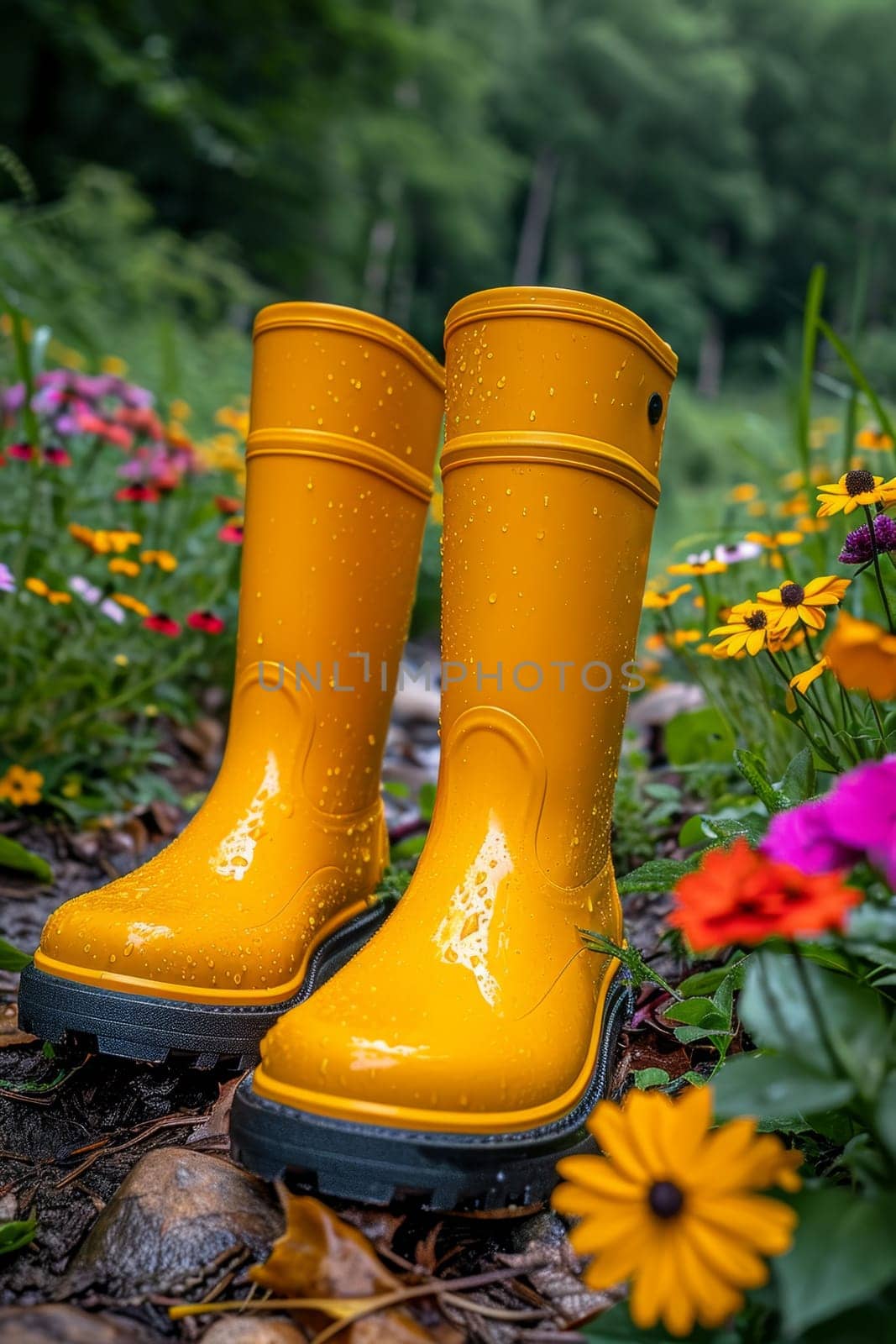 Yellow boots are standing in the summer garden after the rain.