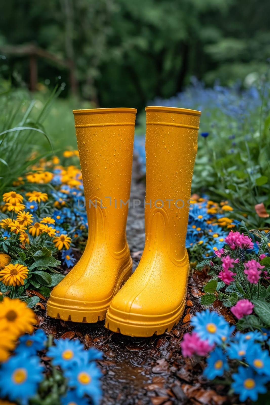 Yellow boots are standing in the summer garden after the rain by Lobachad