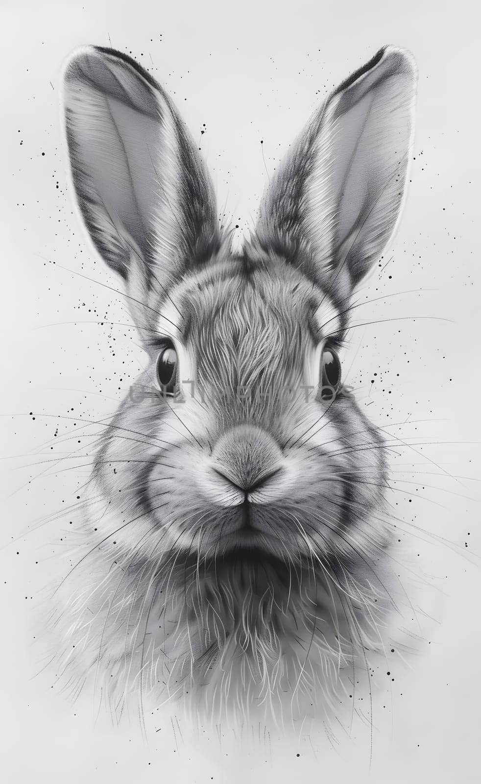 A monochrome drawing of a rabbit staring at the camera, showcasing its ear, whiskers, snout. A depiction of both rabbits and hares, this terrestrial animal is captured in monochrome photography