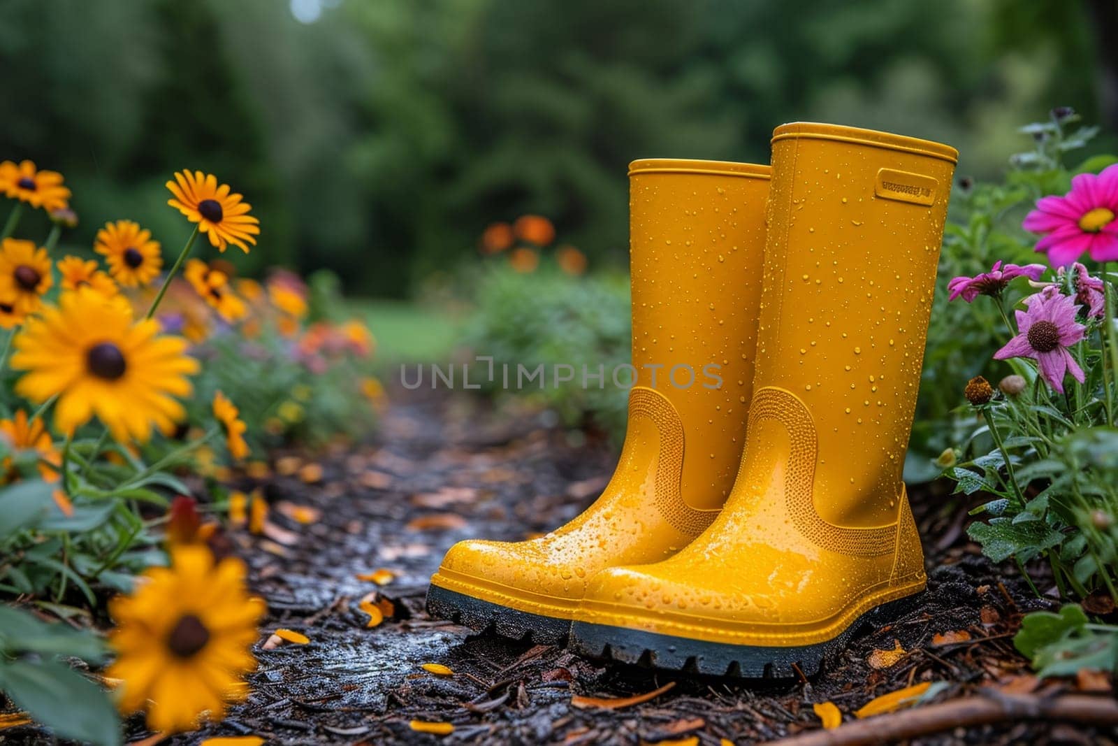 Yellow boots are standing in the summer garden after the rain.