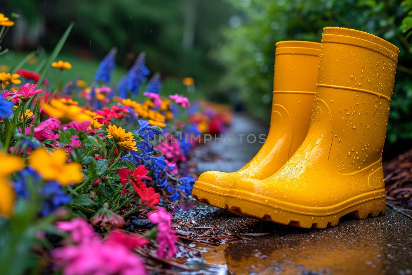 Yellow boots are standing in the summer garden after the rain.