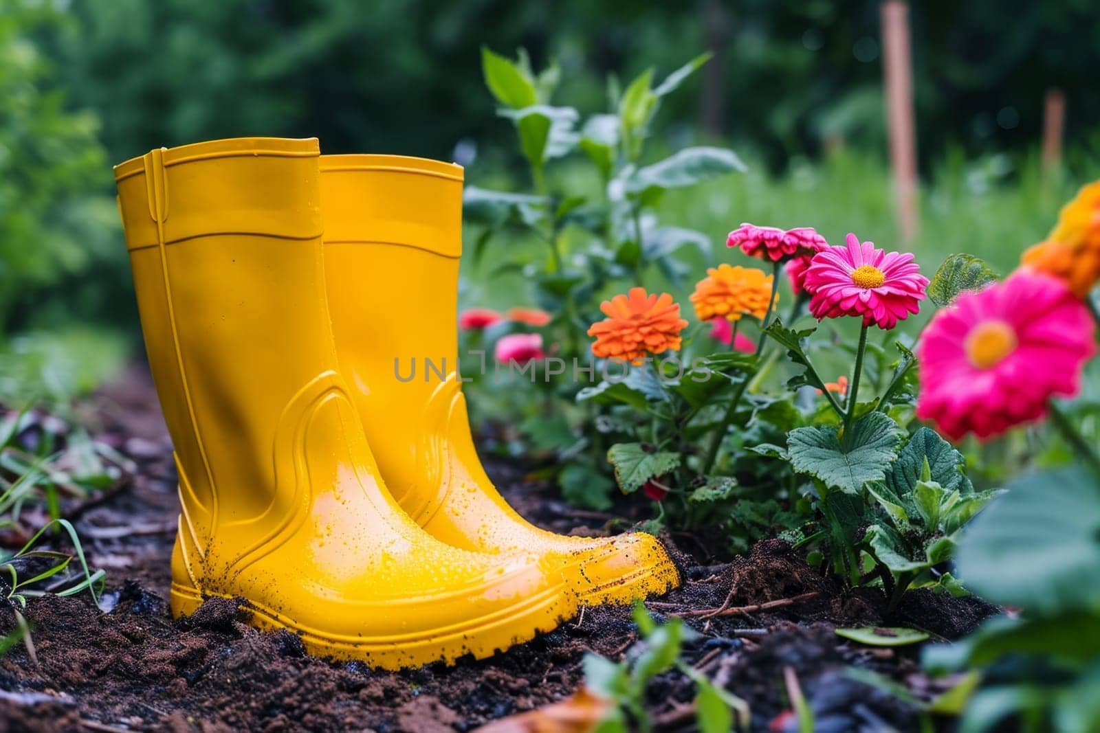 Yellow boots are standing in the summer garden after the rain.
