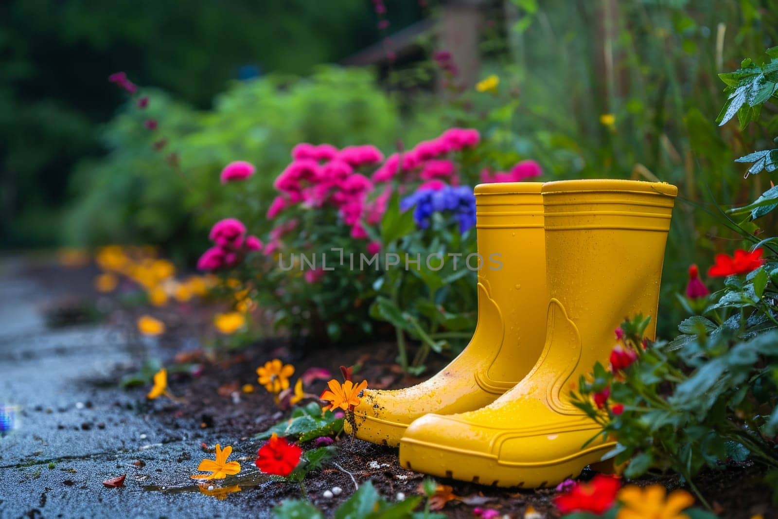 Yellow boots are standing in the summer garden after the rain by Lobachad