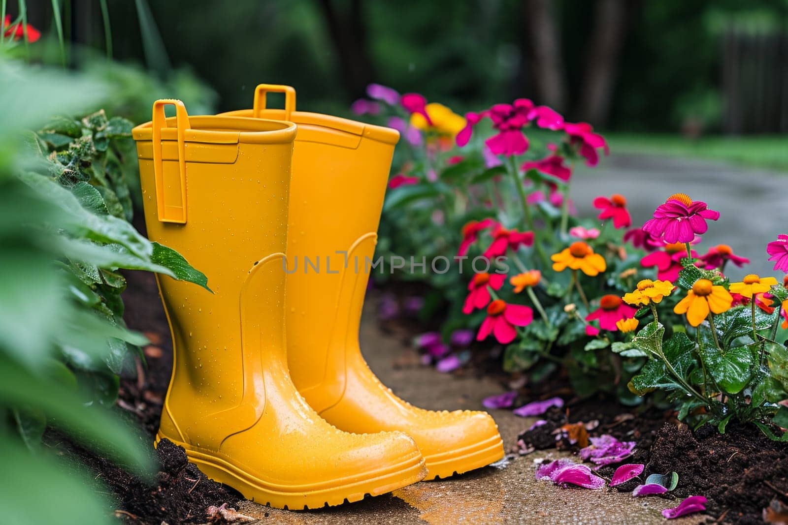 Yellow boots are standing in the summer garden after the rain.