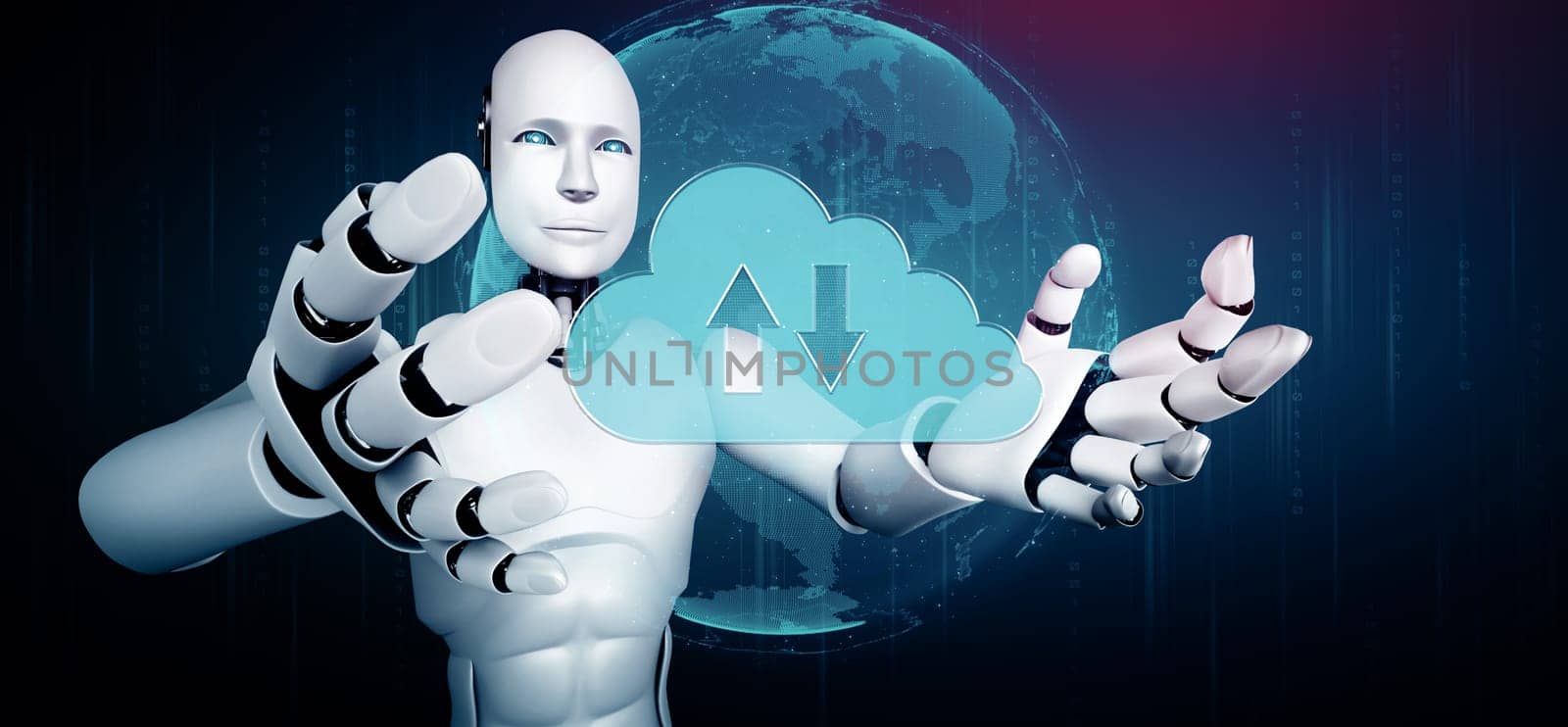 XAI 3d illustration AI robot using cloud computing technology to store data on online server. Futuristic concept of cloud information storage analyzed by machine learning process. 3D rendering illustration.