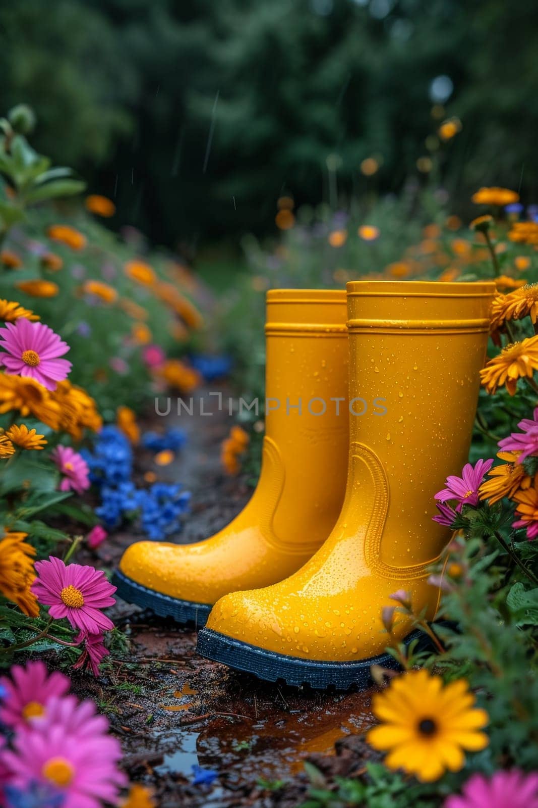 Yellow boots are standing in the summer garden after the rain.