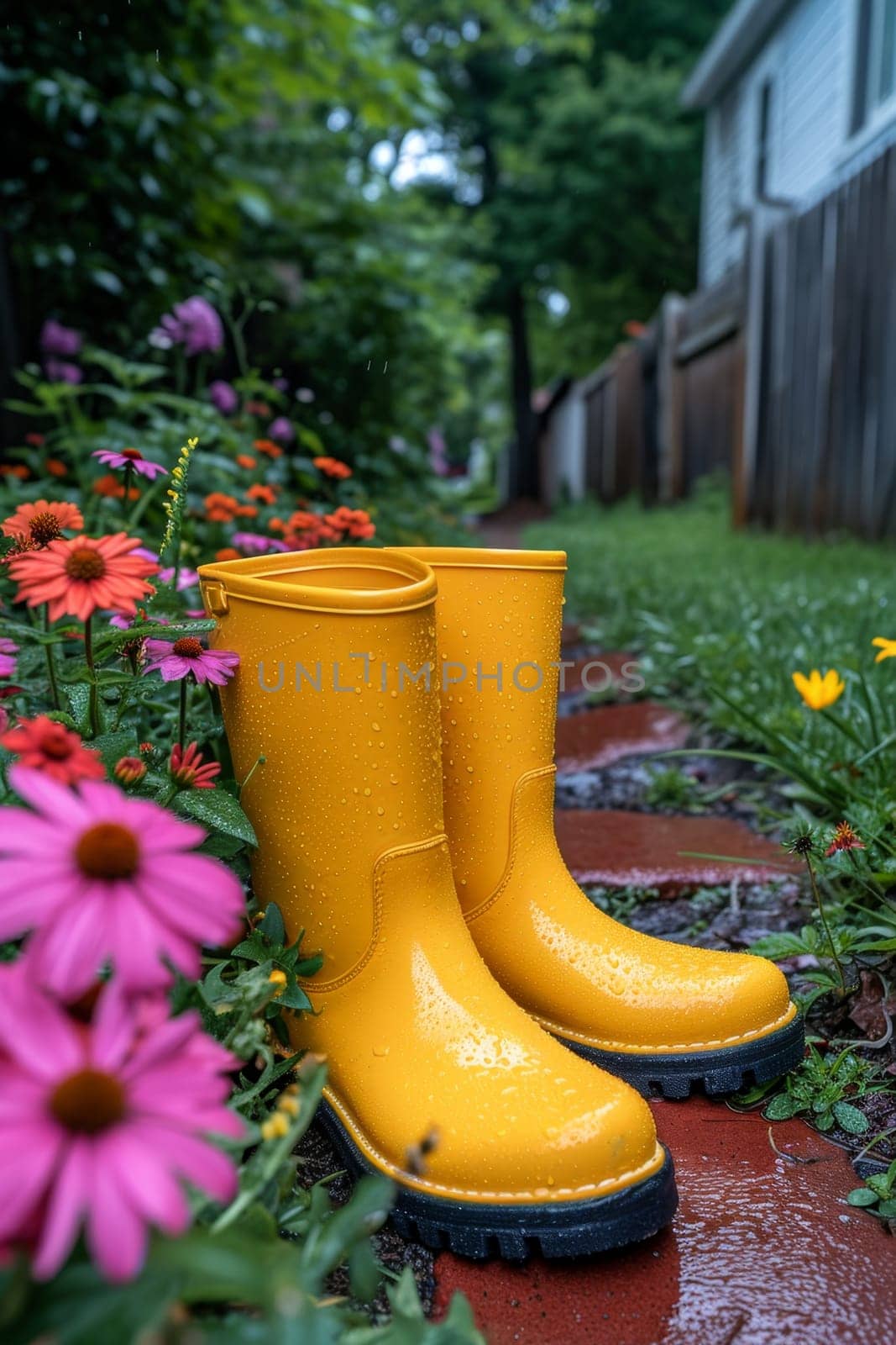 Yellow boots are standing in the summer garden after the rain by Lobachad