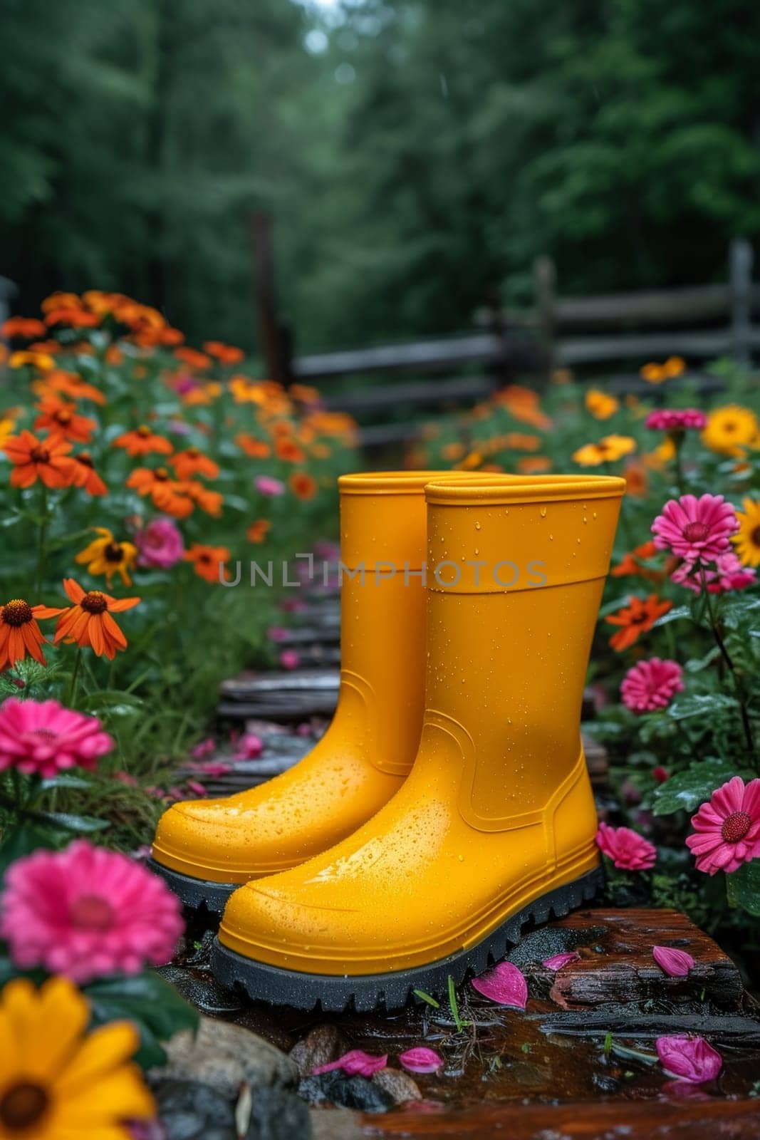 Yellow boots are standing in the summer garden after the rain.