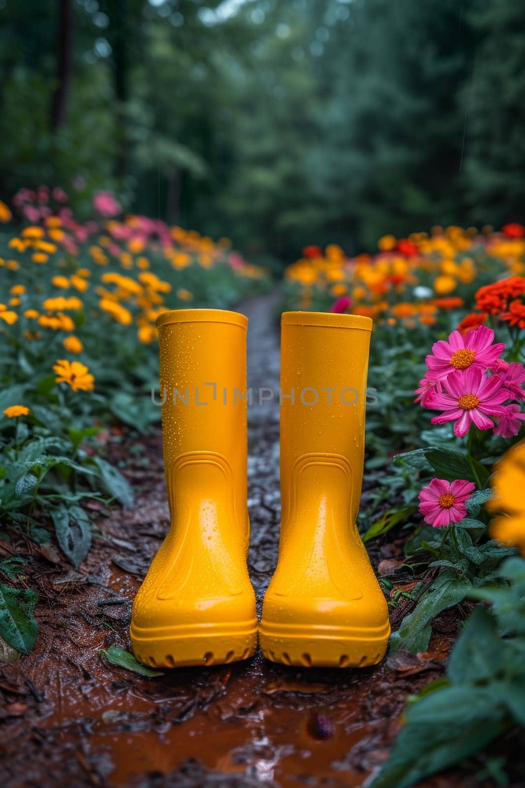 Yellow boots are standing in the summer garden after the rain by Lobachad