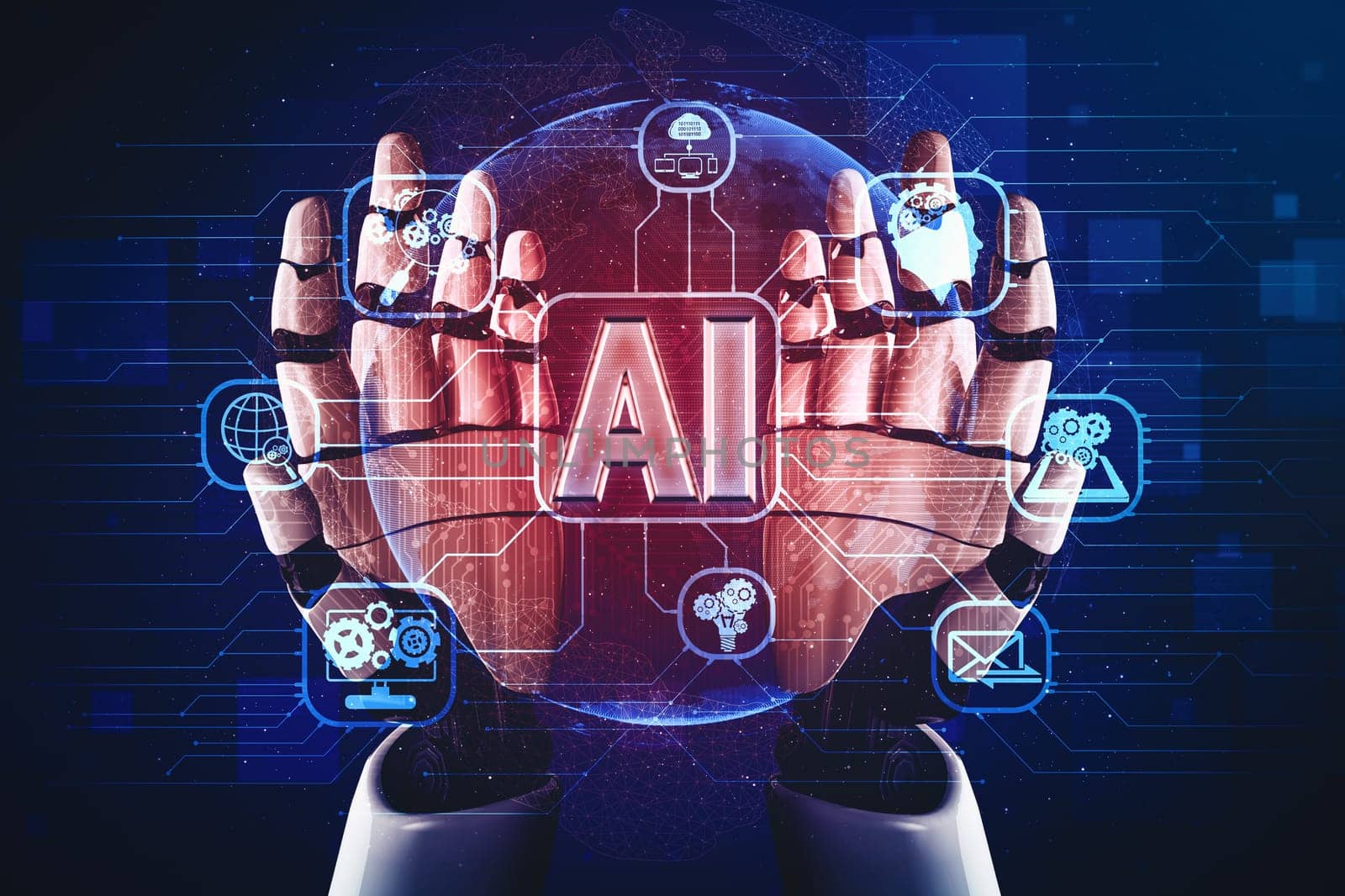 XAI 3D rendering artificial intelligence AI research of droid robot and cyborg development for future of people living. Digital data mining and machine learning technology design for computer brain.