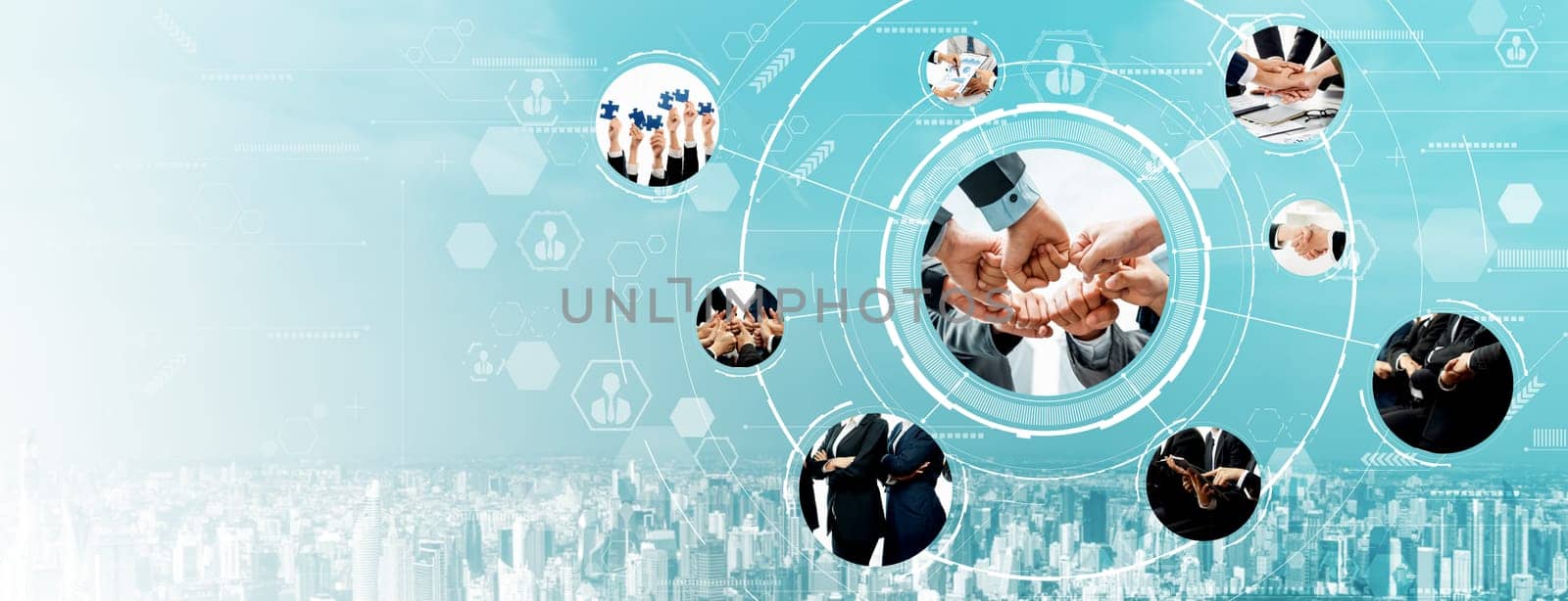 Teamwork and human resources HR management technology concept in corporate business with people group networking to support partnership, trust, teamwork and unity of coworkers in office vexel