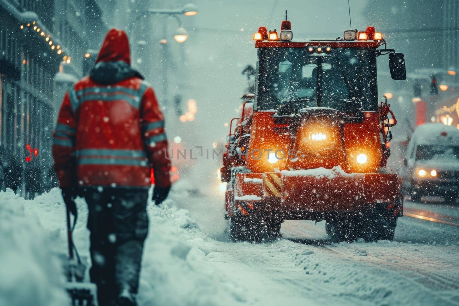 A janitor working against the background of a snowplow in the city.