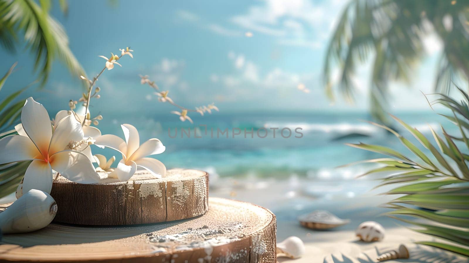 A charming wooden stump adorned with vibrant flowers and seashells, nestled on a sandy beach overlooking the vast ocean. The perfect blend of natures beauty and tranquility