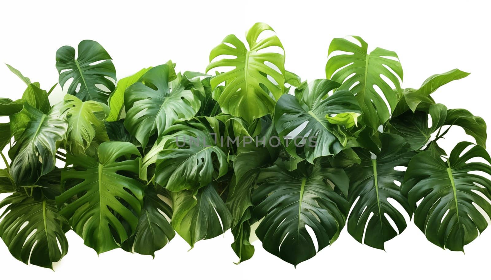 Green leaves of native Monstera Epipremnum, white background, isolated by Nadtochiy