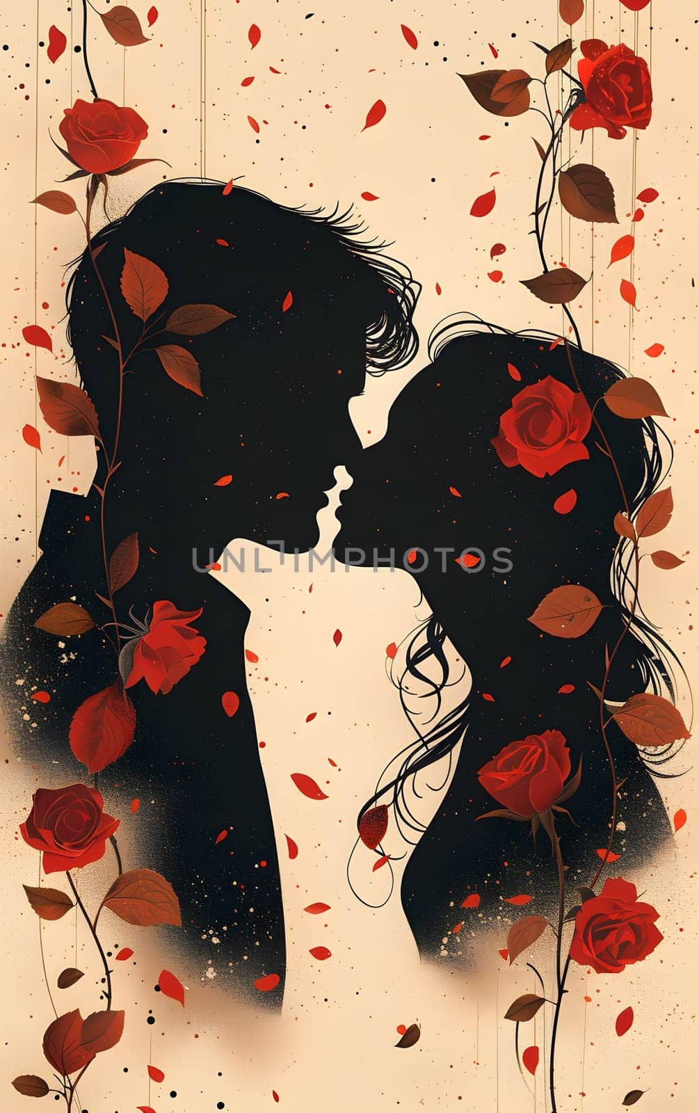 A romantic gesture captured in a painting, showcasing a silhouette of a man and a woman kissing amidst a sea of red rose petals. Visual arts at its finest, representing love and passion