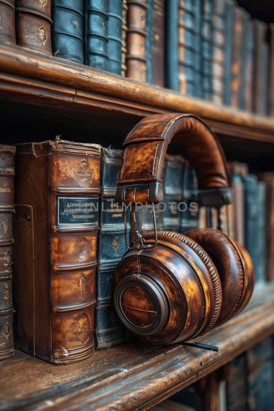 Headphones and a stack of books lie on a wooden table in the library.