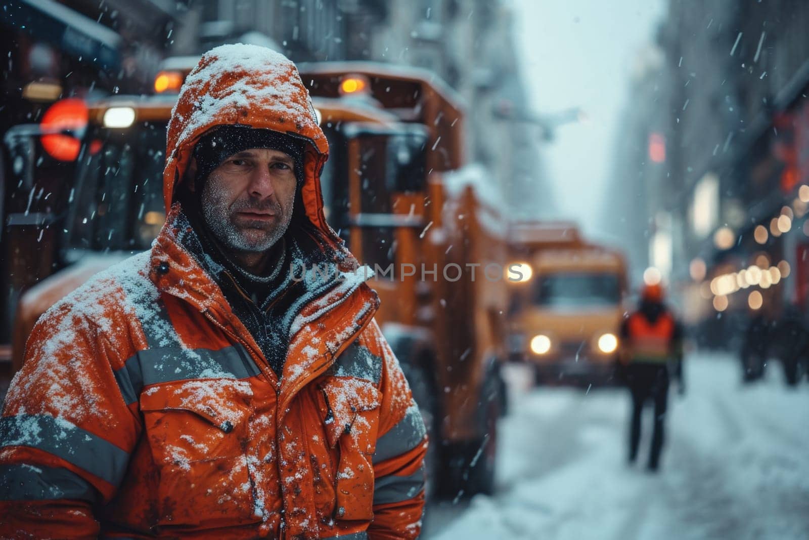 A janitor working against the background of a snowplow in the city.