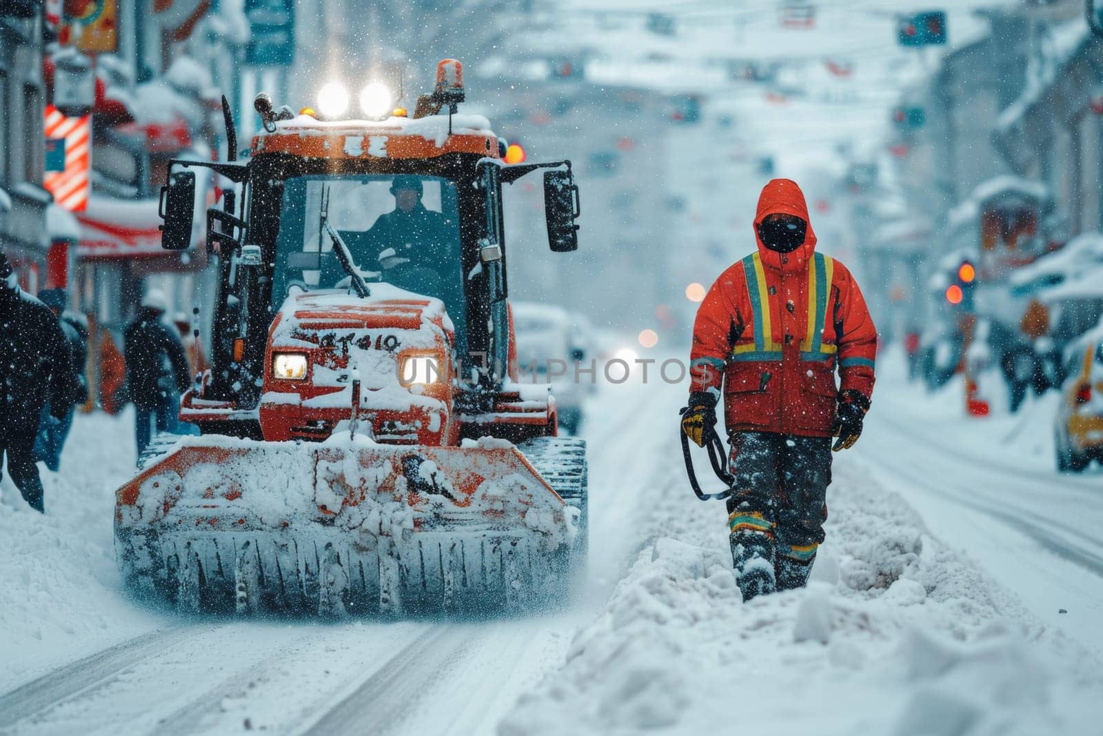 A janitor working against the background of a snowplow in the city.